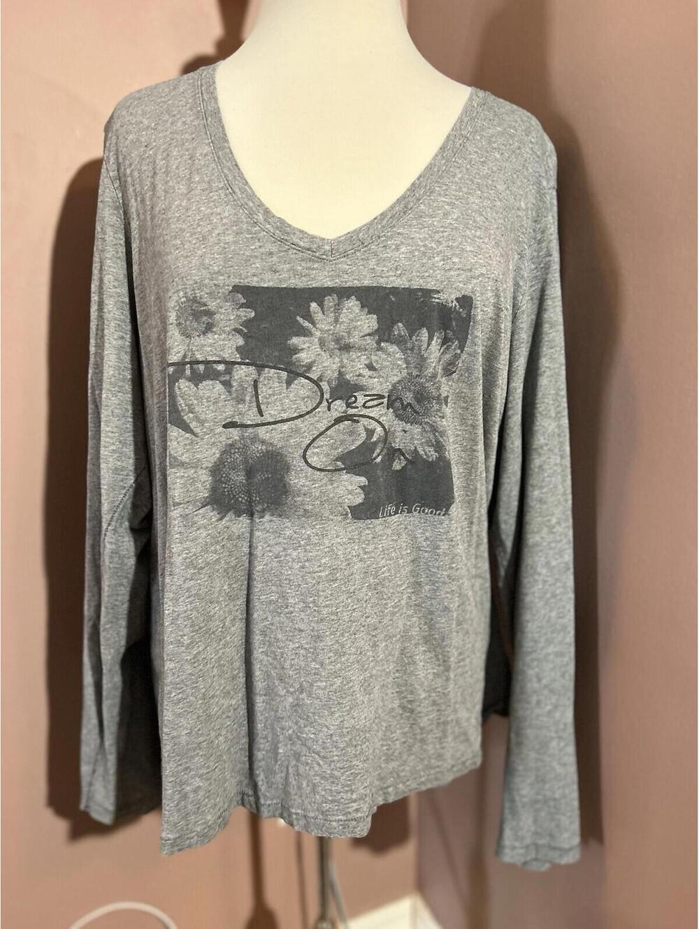 Life Is Good V Neck T Shirt Womens XXL Long Sleeve Dream Gray Floral
